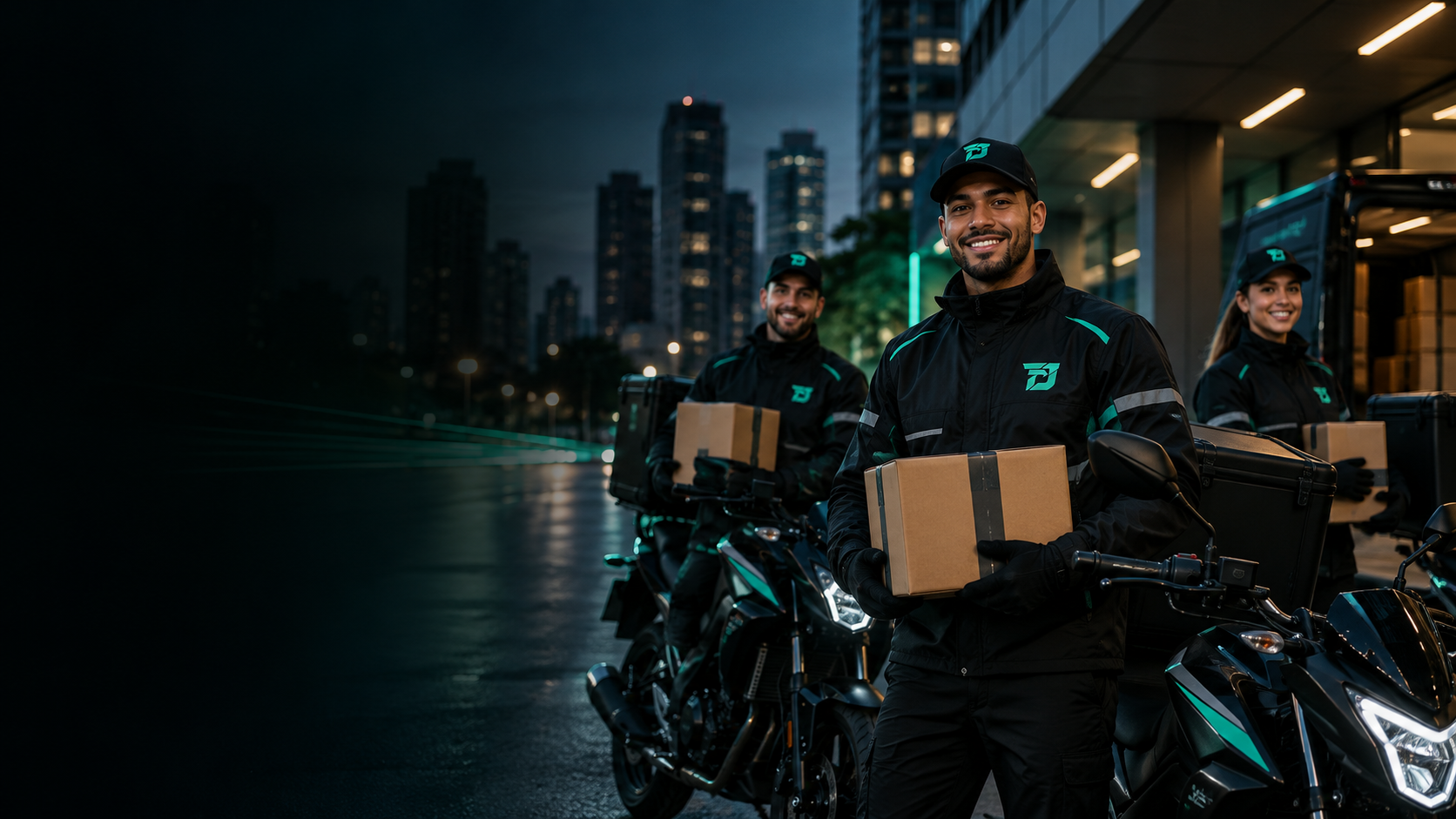 Equipe de motoboys TJ Logística com uniformes escuros, entregas nas mãos e motos em operação urbana noturna
