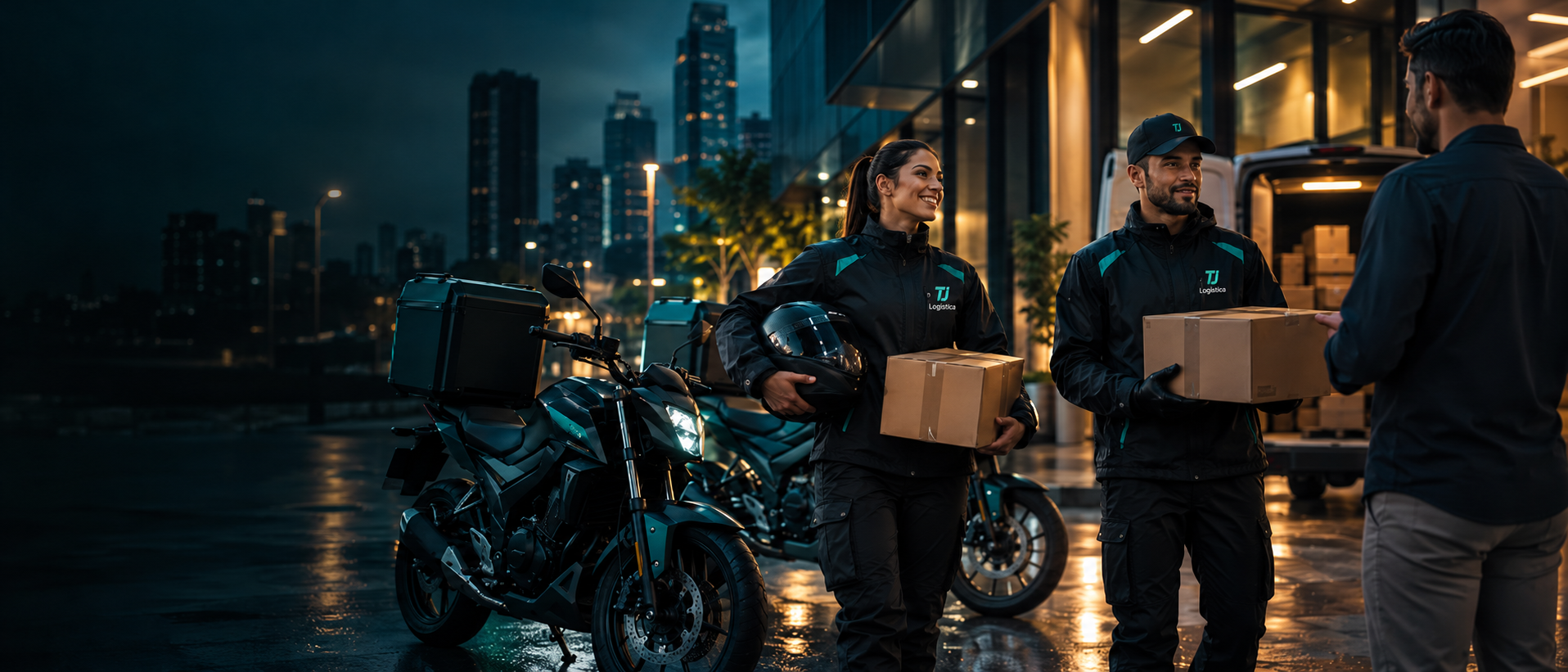 Equipe TJ Logística uniformizada com motocicletas e pacotes