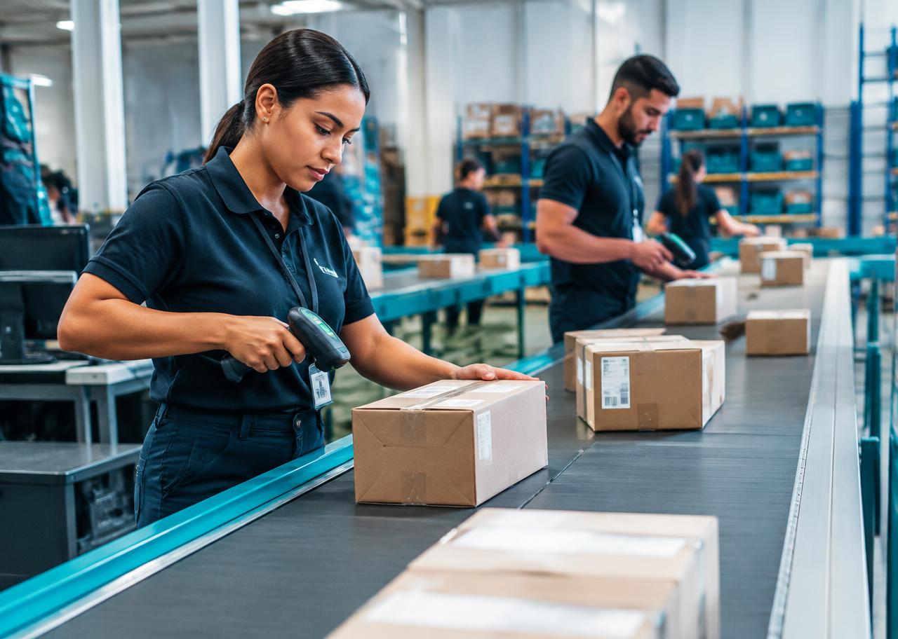 Equipe processando pacotes em uma operação de e-commerce