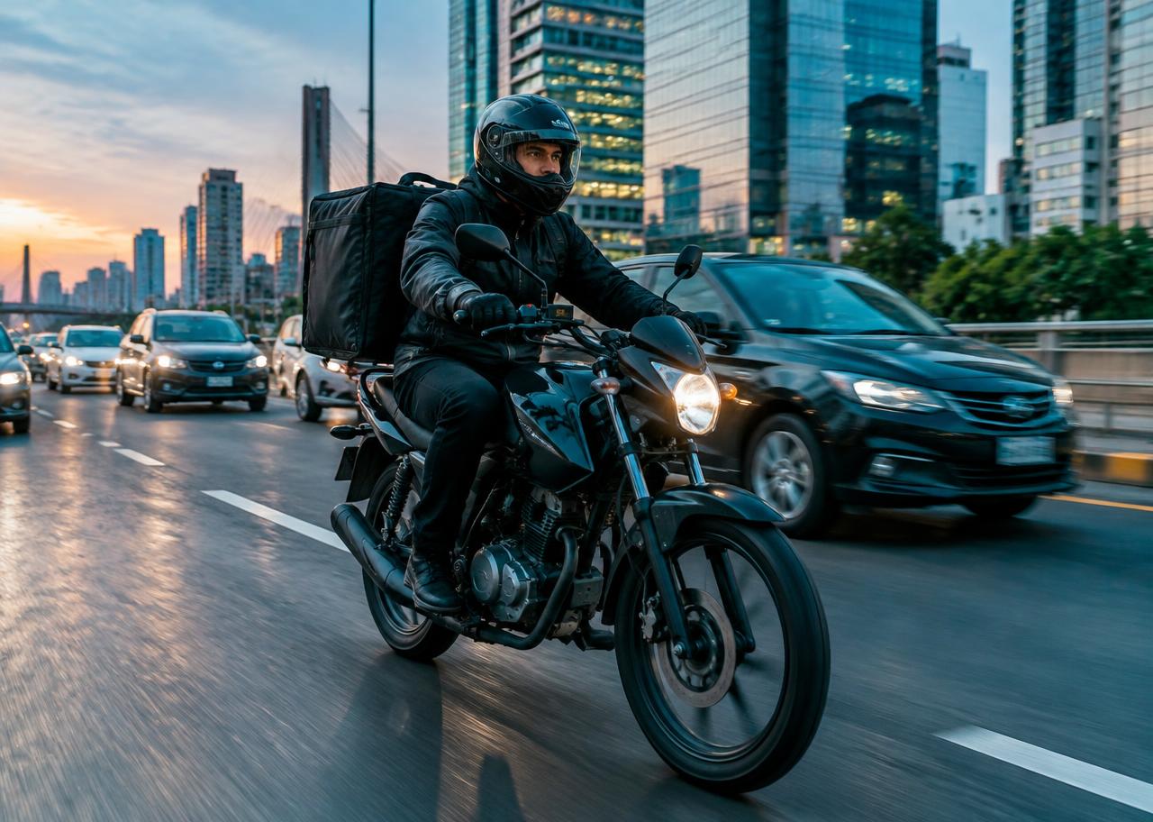 Motoboy realizando entrega expressa em corredor urbano