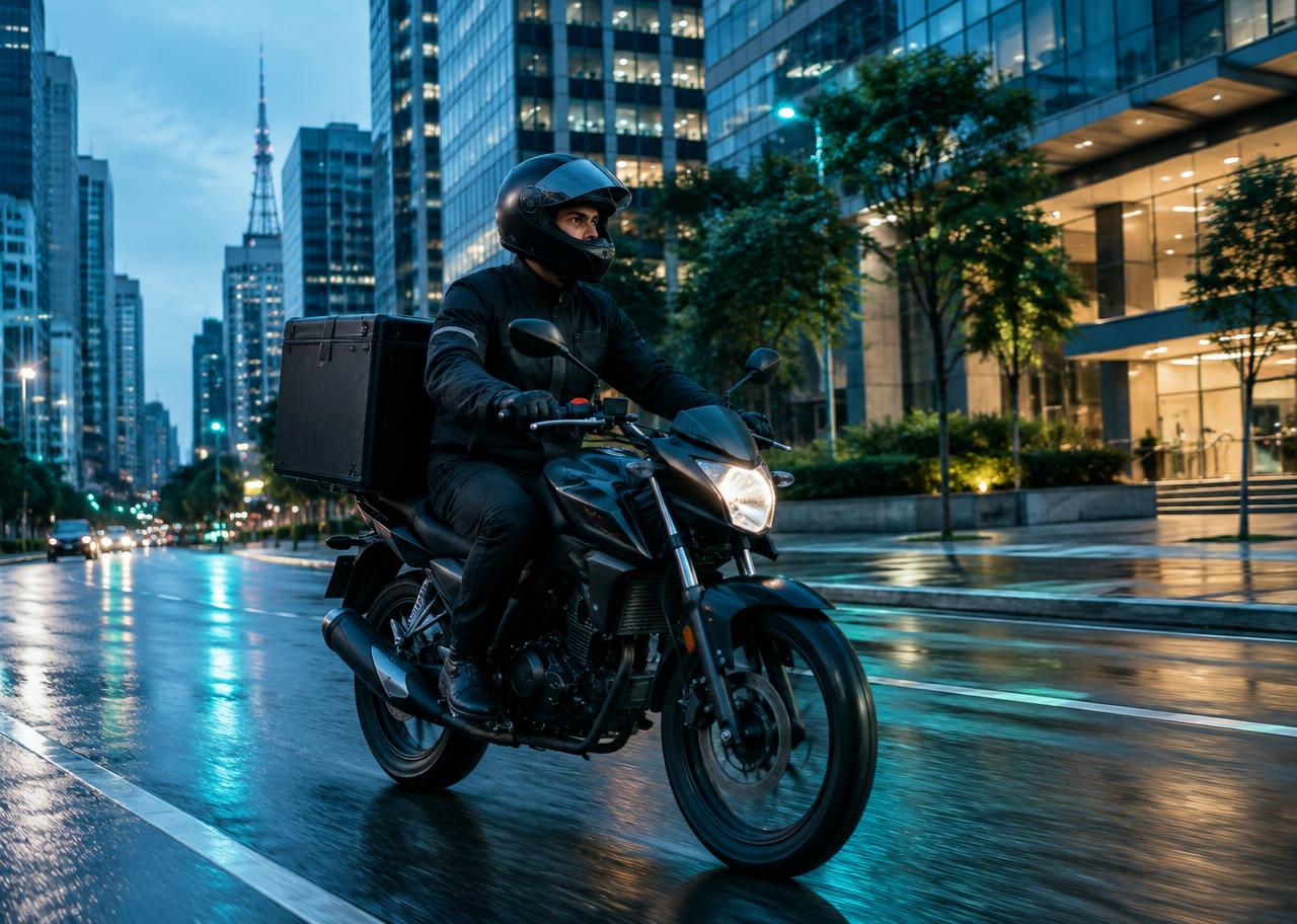 Motoboy em operação de entrega urbana no mesmo dia